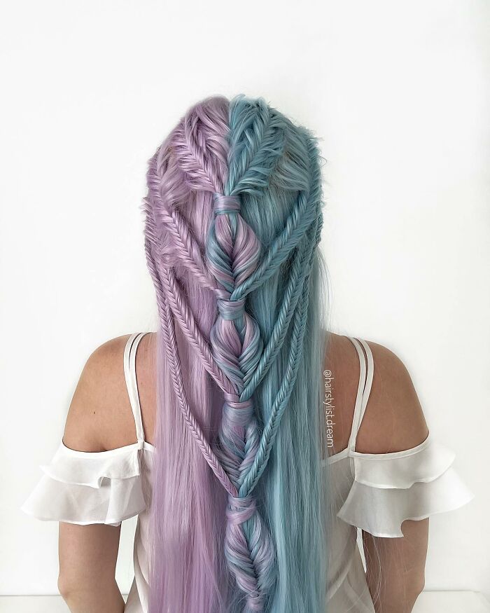 Multi-tone fishtail braids intertwined